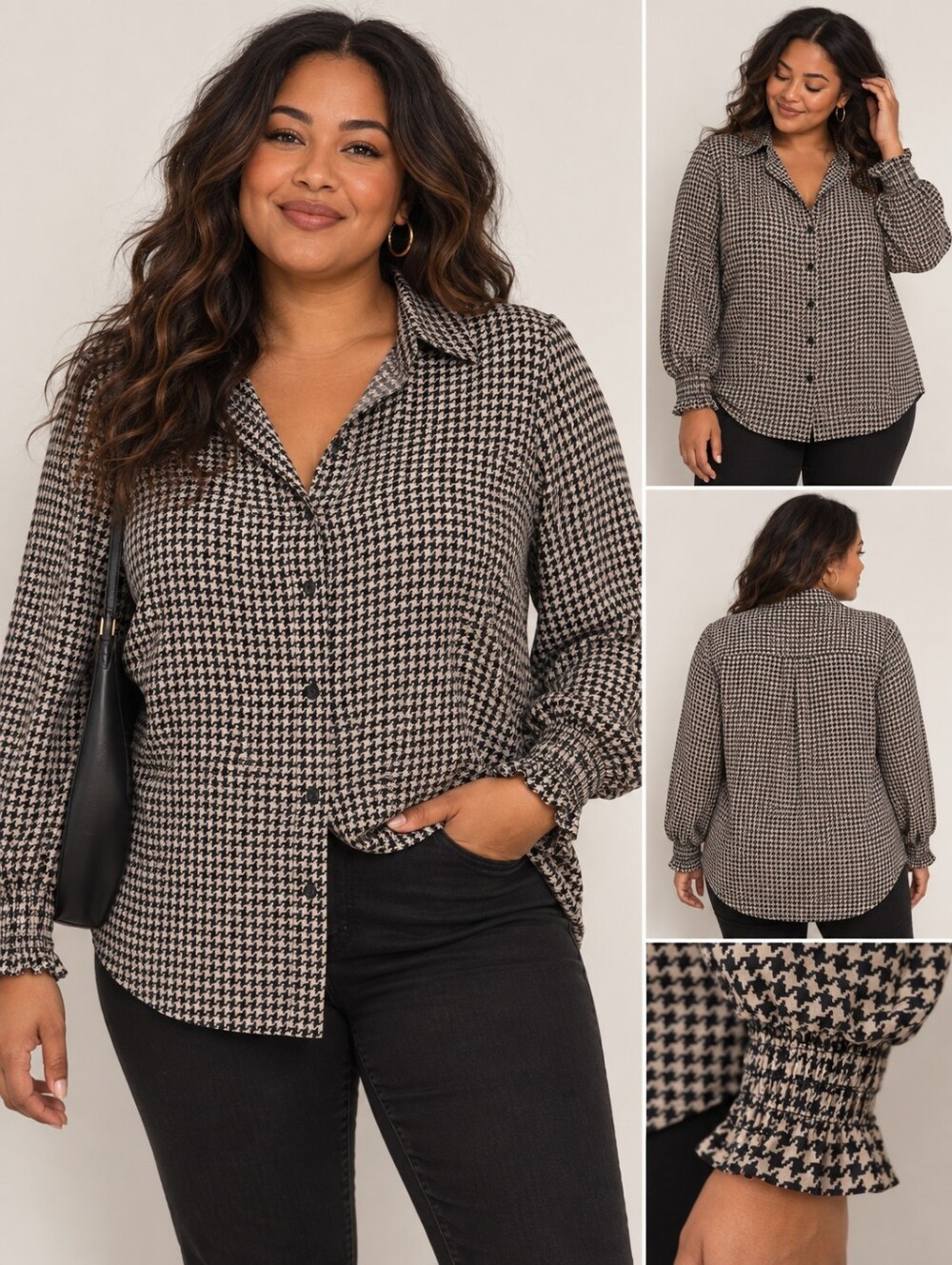 Tamara H. Houndstooth Blouse | Size 1X | Classic Black & Cream